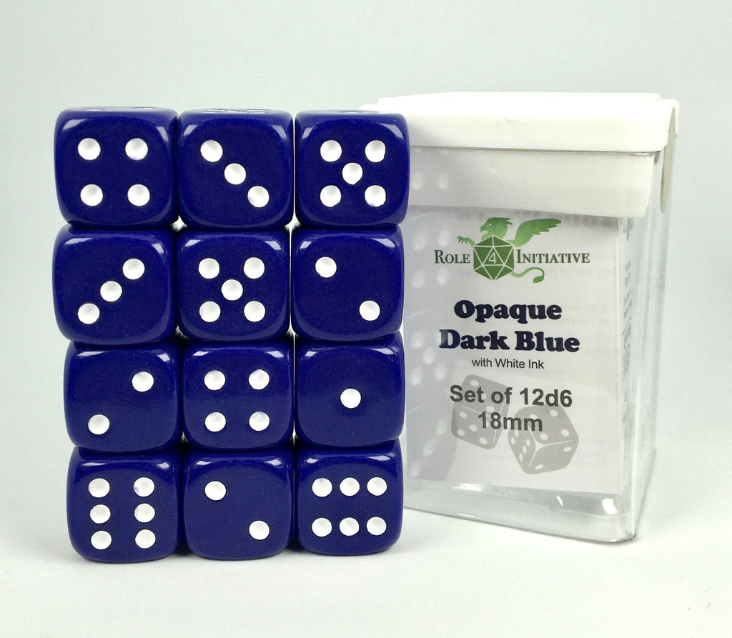 Opaque Dark Blue w/ White Ink - Set of 12d6 pips 18mm Dice