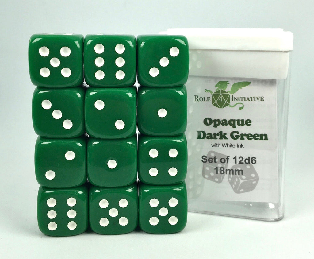 Opaque Dark Green w/ White Ink - Set of 12d6 pips 18mm Dice