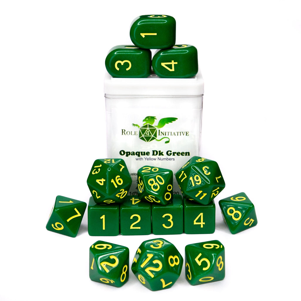 Opaque Dark Green w/ Yellow Ink - Set of 15 Dice