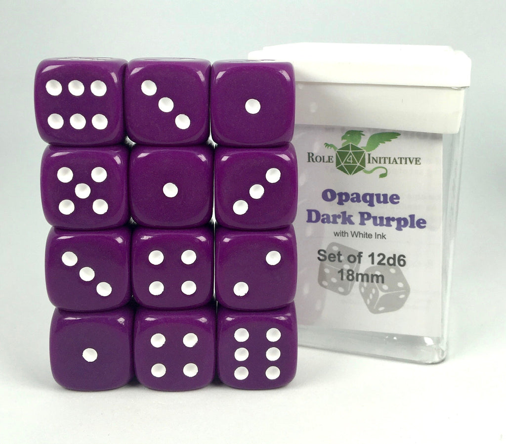 Opaque Dark Purple w/ White Ink - Set of 12d6 pips 18mm Dice