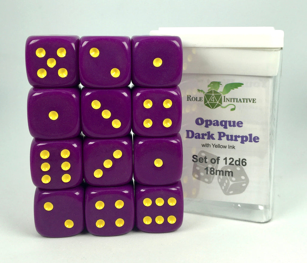 Opaque Dark Purple w/ Yellow Ink - Set of 12d6 pips 18mm Dice