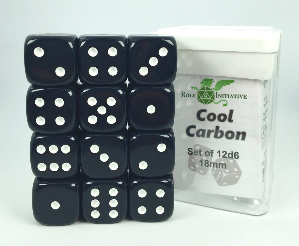 Opaque Cool Carbon w/ White Ink - Set of 12d6 pips 18mm Dice