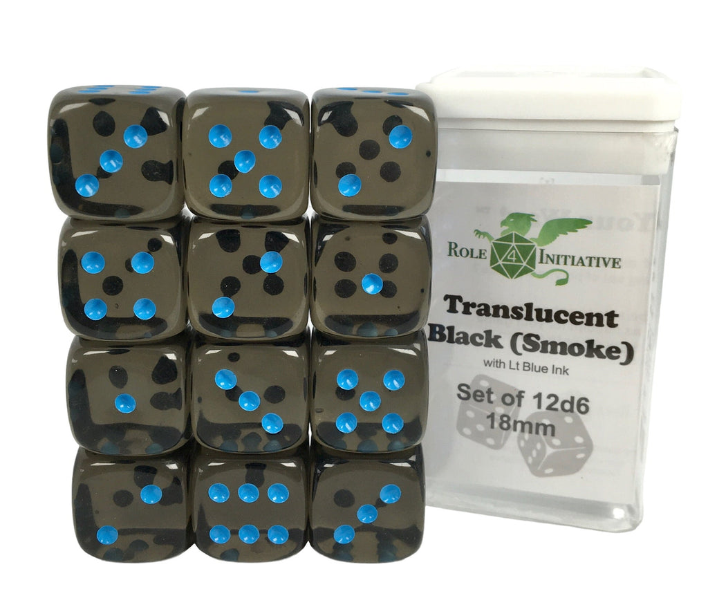 Translucent Black (Smoke) w/ Lt Blue Ink - Set of 12d6 pips 18mm Dice