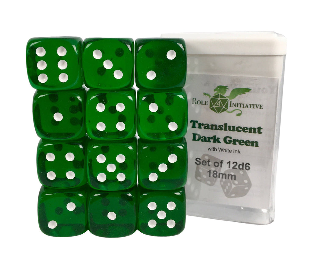 Translucent Dark Green w/ White Ink - Set of 12d6 pips 18mm Dice