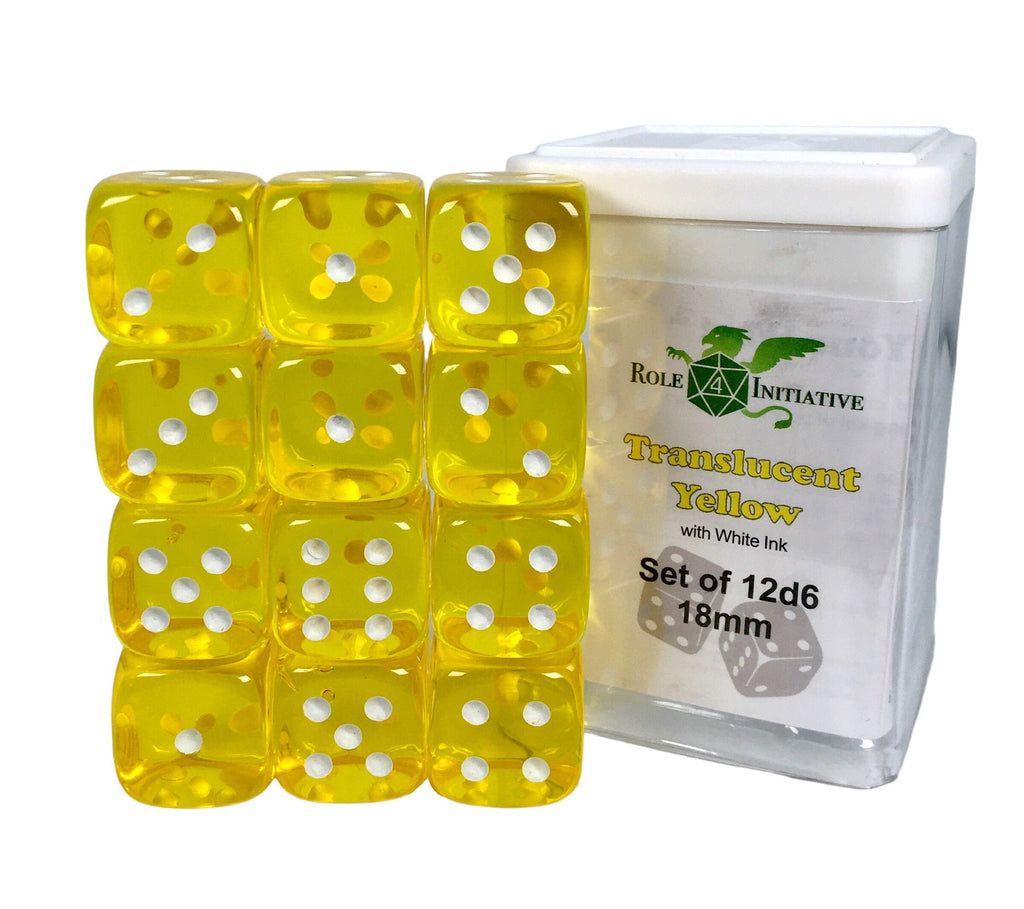 Translucent Yellow w/ White - Set of 12d6 pips 18mm Dice