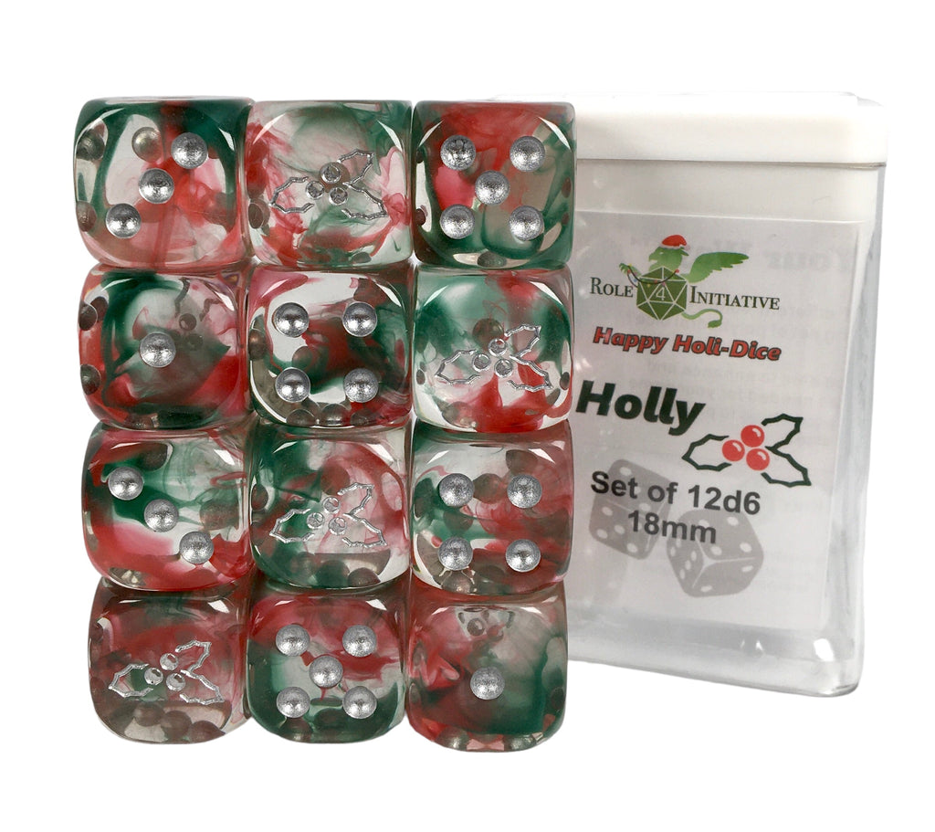 Set of 12d6 pip 18mm dice in Holiday colors: Holly (Diffusion)