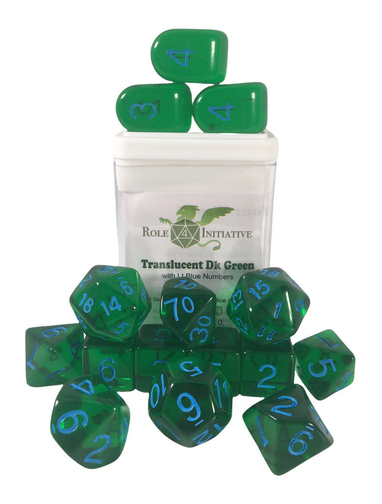 Translucent Dark Green w/ Lt Blue Ink - Set of 15 Dice