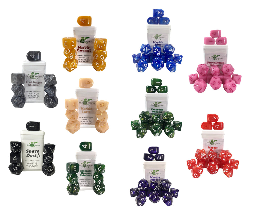 Marble/Shimmer Dice Sampler Bundle: 5 Sets of 7 and 5 Sets of 15